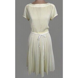 Vtg  70s M.C.S ltd Pastel Yellow Belted Pleated Dress Women Size M Made In USA